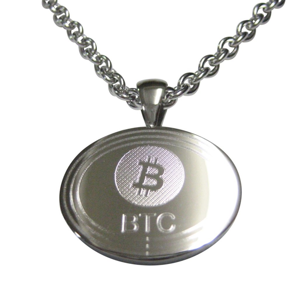 Silver Toned Oval Etched Bitcoin Coin Cryptocurrency Blockchain Pendant Necklace